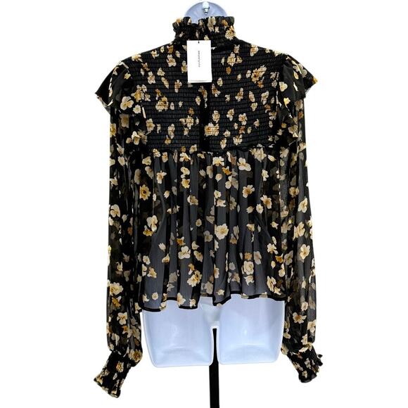 NWT o.p.t. Black Sheer Floral Ruched Mock Neck S Blouse MSRP $128 Cottagegoth - Picture 2 of 8